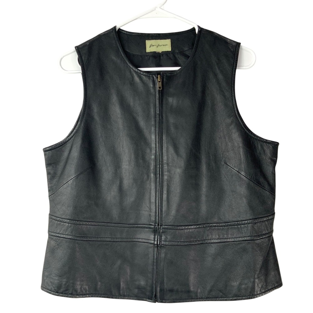 Rem Garson Black Genuine Leather Vest Sz M Zip Front Round Neck Sleeveless Seam
